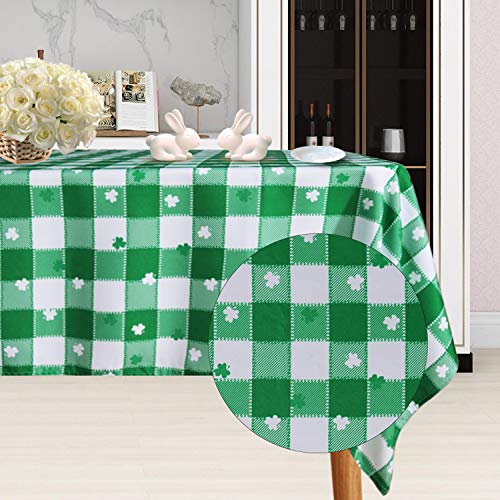 SARAFLORA St Patrick's Day Checkered Fabric Rectangle Table Cloth-60x84 Inch-Polyester Shamrock Pattern Tablecloth, Table Cover Protector for Party, Banquet, Dinner Decoration Use, Green & White - Image 1