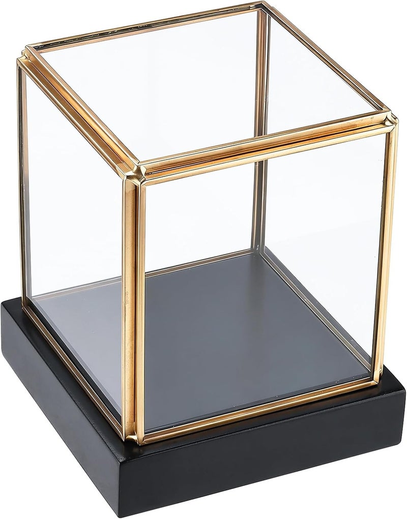 HighFree Vintage Glass Display Box for Collectibles, Gold Display Case with Black Wood Base for Plants Action Fiqurine Models, Clear Keepsake Box, 3.3x3.3x3.6 lnch, Small Square - Image 1