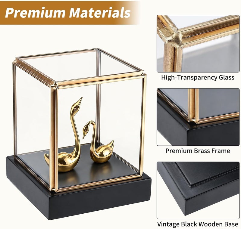 HighFree Vintage Glass Display Box for Collectibles, Gold Display Case with Black Wood Base for Plants Action Fiqurine Models, Clear Keepsake Box, 3.3x3.3x3.6 lnch, Small Square - Image 2