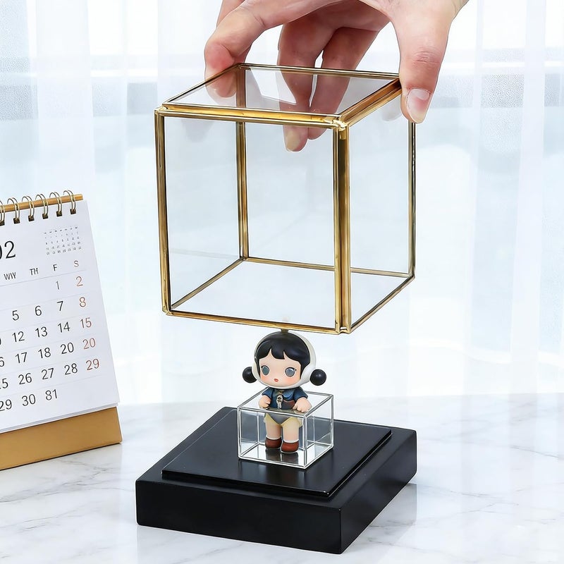 HighFree Vintage Glass Display Box for Collectibles, Gold Display Case with Black Wood Base for Plants Action Fiqurine Models, Clear Keepsake Box, 3.3x3.3x3.6 lnch, Small Square - Image 5