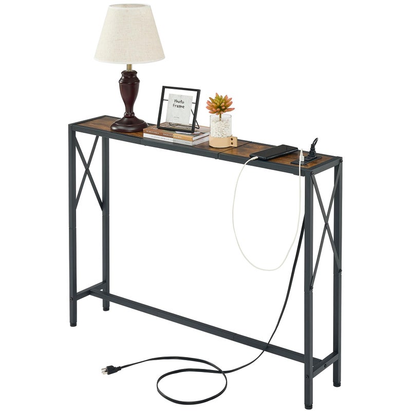 Gewudraw 418 Console Table Narrow Behind The Couch Table with Outlet Industrial Skinny Stand for Hallway Entryway Living Room Bedroom 65 Feet Power CordRustic Brown
