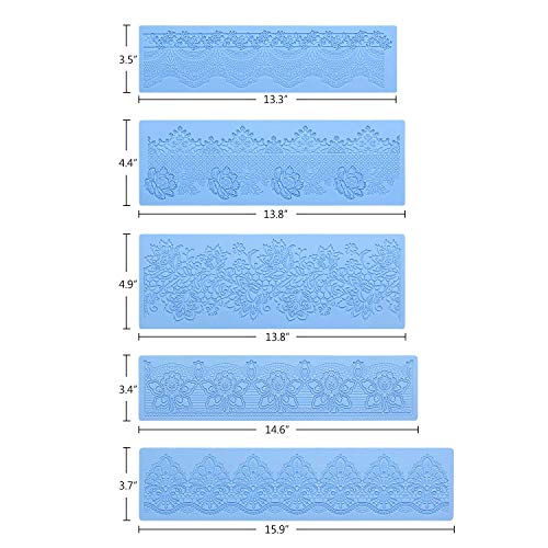 Beasea Silicone Lace Mold, 5pcs Lace Fondant Molds for Cake Decorating Flower Pattern Mat Moulds Sugar Craft Tools - Blue - Image 3