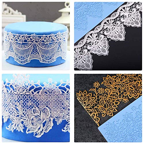 Beasea Silicone Lace Mold, 5pcs Lace Fondant Molds for Cake Decorating Flower Pattern Mat Moulds Sugar Craft Tools - Blue - Image 2
