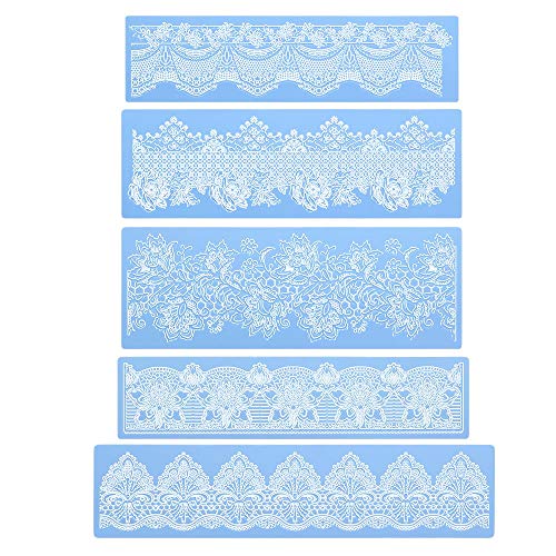 Beasea Silicone Lace Mold, 5pcs Lace Fondant Molds for Cake Decorating Flower Pattern Mat Moulds Sugar Craft Tools - Blue - Image 1