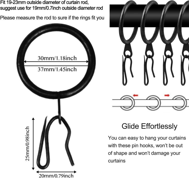 Wision 40 Pcs Metal Curtain Drapery Rings & Hooks, 30 mm Internal Diameter, Black - Image 2