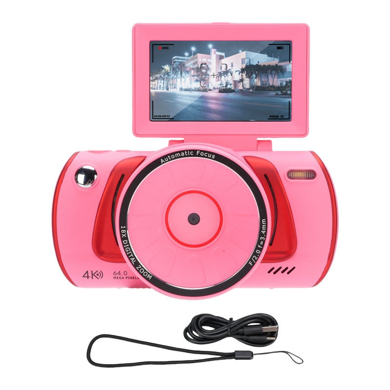4K Camera: 64MP Sensor, 18X Optical Zoom, Smart Auto Focus - Retro Pink Digital Camera With Advanced Stabilization For Travel Adventures Family Gatherings Selfies - Image 1