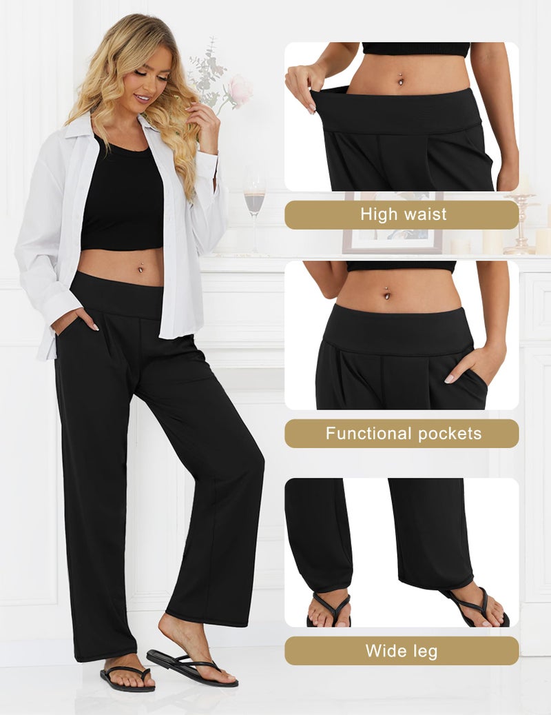 FireSwan Wide Leg Yoga Pants for Women Work Palazzo Pants with Pockets Casual Lounge Dress Trousers Black - Image 4