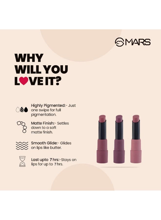 مارس مجموعة أحمر شفاه MARS Matte Box مكونة من 3 قطع للنساء | تدوم طويلاً | لمسة نهائية ناعمة | مرطبة | لون غني بتمريرة واحدة | (3 × 3.2 جم) (03-Plum) - Image 4