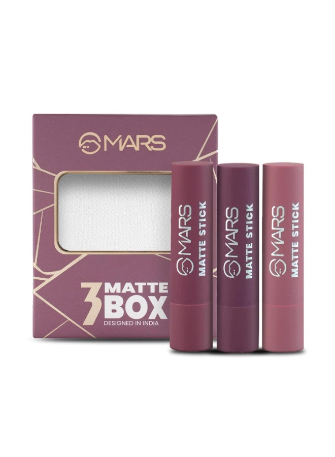 مارس مجموعة أحمر شفاه MARS Matte Box مكونة من 3 قطع للنساء | تدوم طويلاً | لمسة نهائية ناعمة | مرطبة | لون غني بتمريرة واحدة | (3 × 3.2 جم) (03-Plum) - Image 1