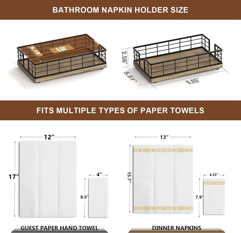 INDIAN DECOR INDIAN DECOR 96113 Guest Towel Holder Tray for Bathroom Oak and Iron Napkins Holder for Powder Room Dinning Table Wooden Basket for Disposable Paper Hand Towels Black and Farmhouse Brown  - Image 5