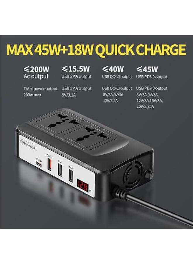 موكسو محول طاقة قدرة 200 واط، م التيار المستمر 12 فولت إلى التيار المتد 220 فولت 230 فولت، محول سيارة مزود شاح PD30  QC 40 للشح السريع، 2 مقس عام و2 مافذ USB قوة 24 أمير، شاشة LCD قالة للتديل - Image 2