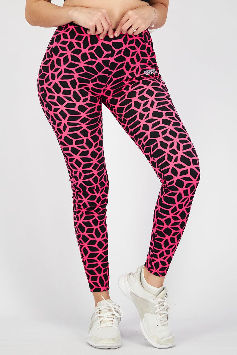arena Women Printed Carbonics Sportswear Leggings, Black and Fuchsia - Image 1