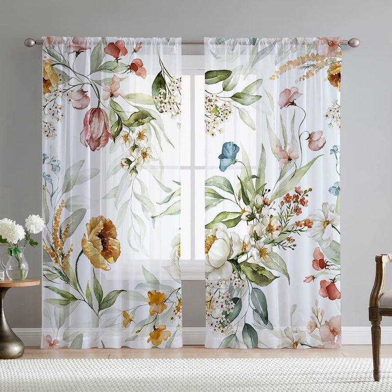 Fereyis Floral Sheer Curtains for Living Room 84 inch Length 2 Panels Set Elegant Yellow Flower Spring Printed Window Curtain Chiffon Drapes for Bedroom - Image 1