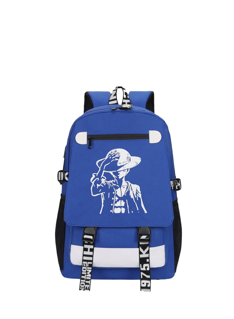 TOEON Summer Anime Casual School Backpack Blue/White - Image 1