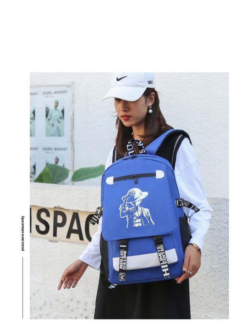 TOEON Summer Anime Casual School Backpack Blue/White - Image 2