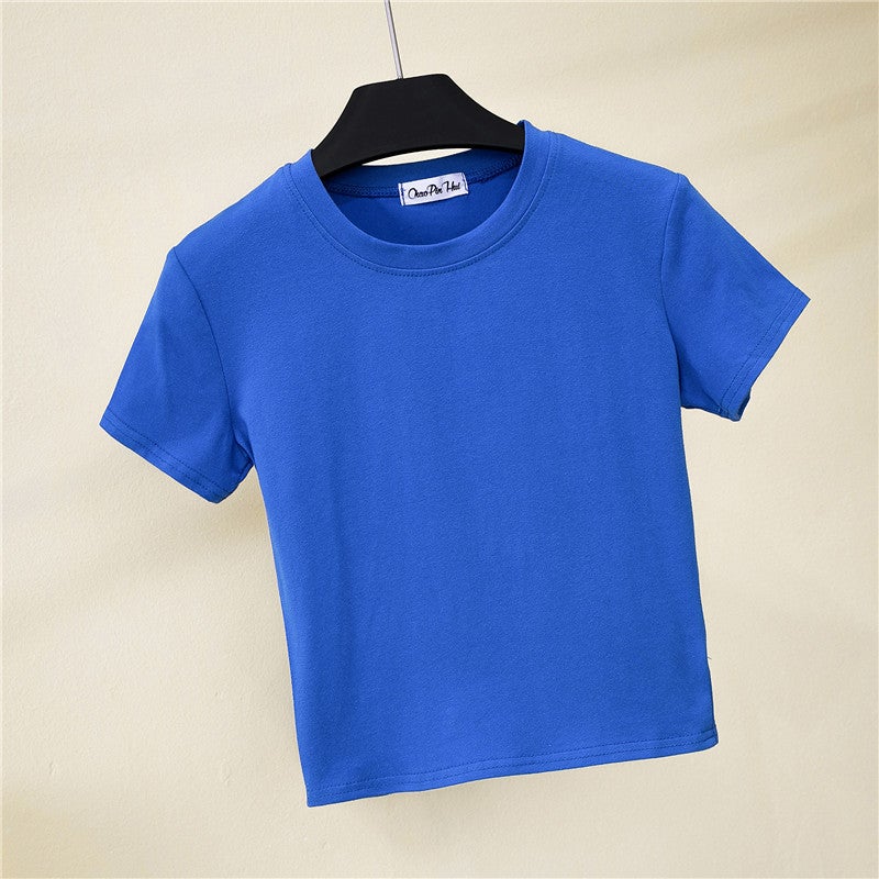 Half Turtleneck Short-Sleeved Navel-Baring T-Shirt Women'S Summer Tight-Fitting Navel-Baring Bottoming Shirt Short High-Waisted Pure Color Sports Top - Image 1