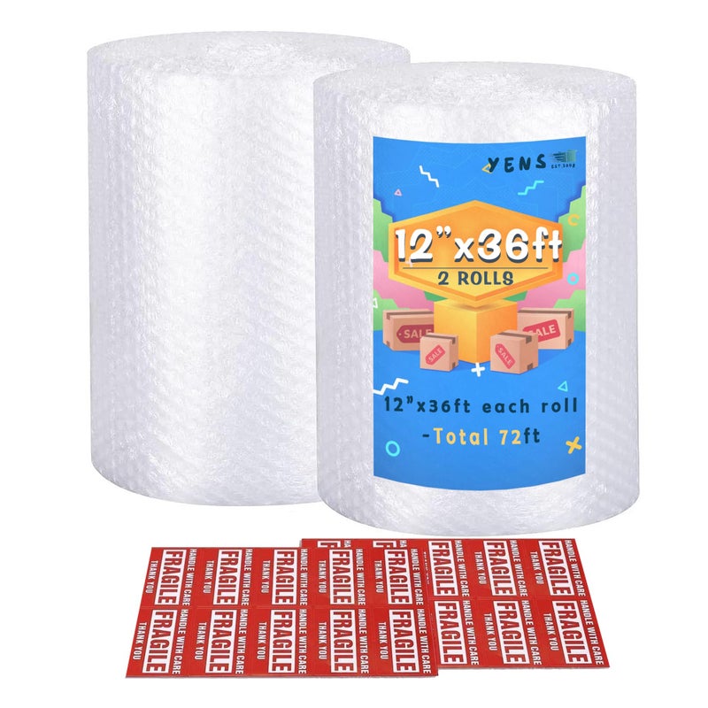 Yens Nylon Bubble Cushioning Rolls 72 ft 12 Inch width Packing Materials 3/16" AIR Bubble Perforated every 12" wrap 20 bonus Fragile Stickers - Image 1