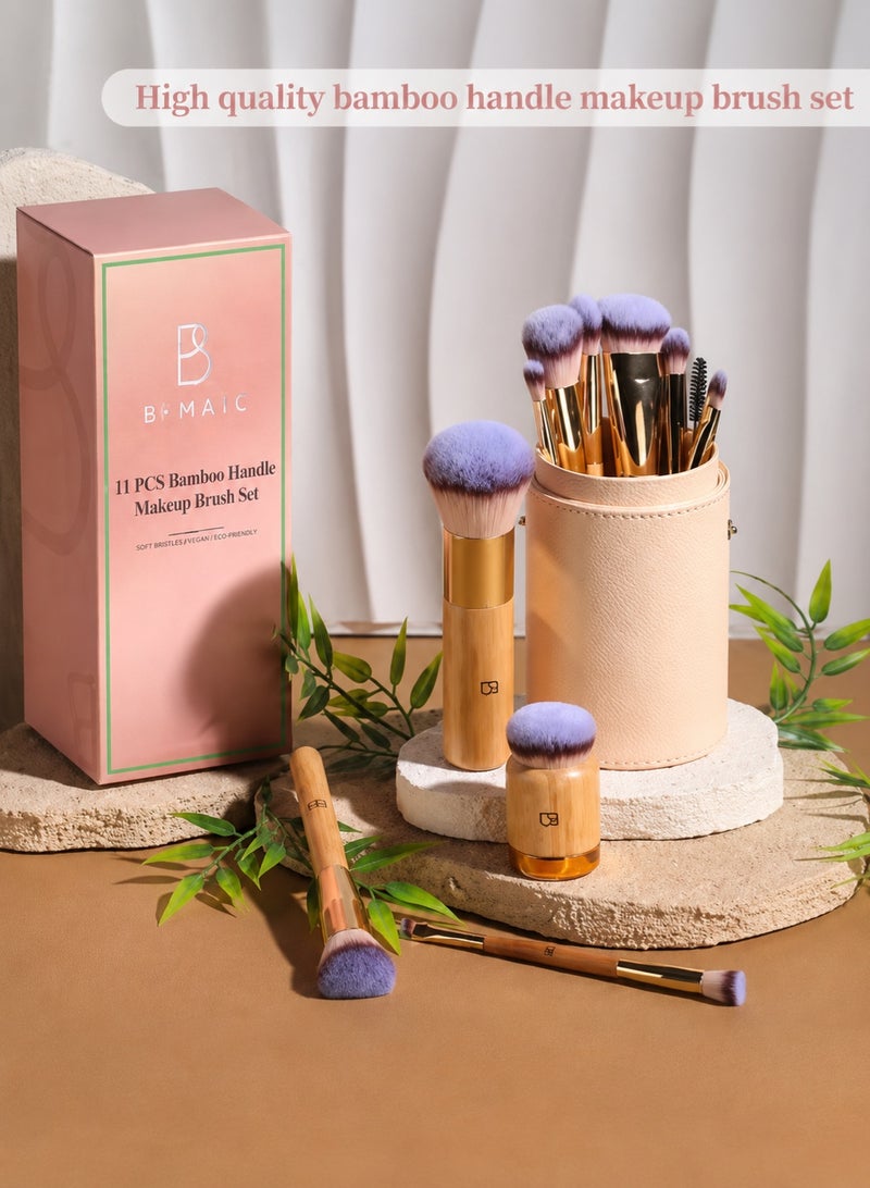 BS Mall 11-Piece Vegan Bamboo Makeup Brush Set – Soft Beauty Brushes with Holder - Image 2