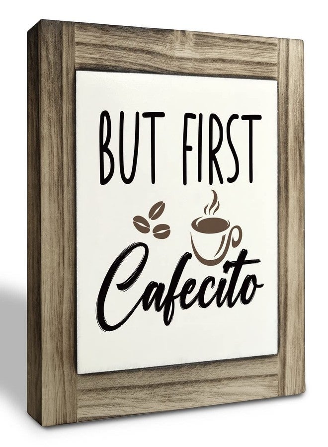 XJCUG But First Cafecito Wood Plaque Sign, Box Wood Plaques Desk Décor, Accent Cafe Decor Sign, Farmhouse Coffee Station Art Decor, Tabletop Decor Sign for Kitchen Dining Room, Coffee Lover Gift 5.9×5.9inch - Image 1