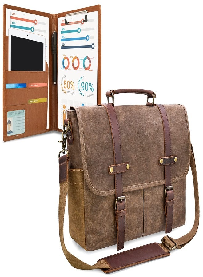 NEWHEY Mens Messenger Bag 15.6 Inch Waterproof Vintage Genuine Leather Waxed Canvas Briefcase Large Satchel Shoulder Bag Rugged Leather Computer Laptop Bag with Leather Portfolio, Brown Coffee - Image 1