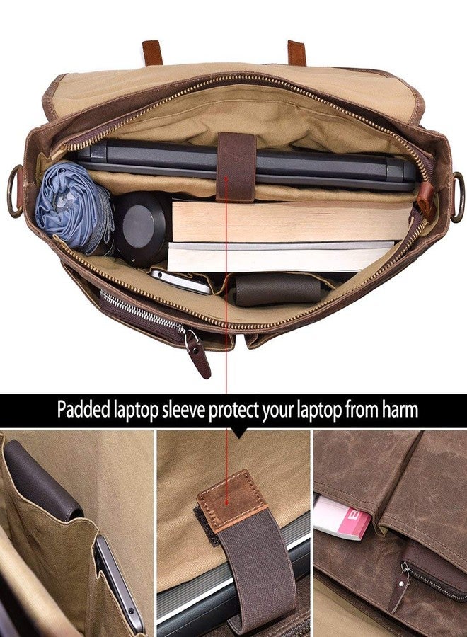 NEWHEY Mens Messenger Bag 15.6 Inch Waterproof Vintage Genuine Leather Waxed Canvas Briefcase Large Satchel Shoulder Bag Rugged Leather Computer Laptop Bag with Leather Portfolio, Brown Coffee - Image 3