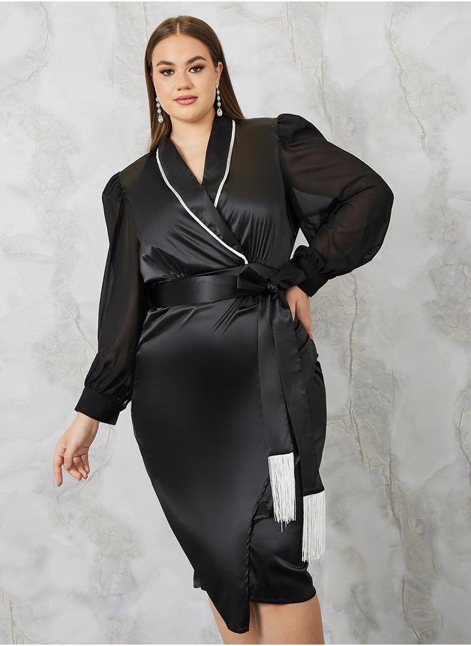 Styli - Satin Wrap Midi Dress Fringe Belt - Image 1
