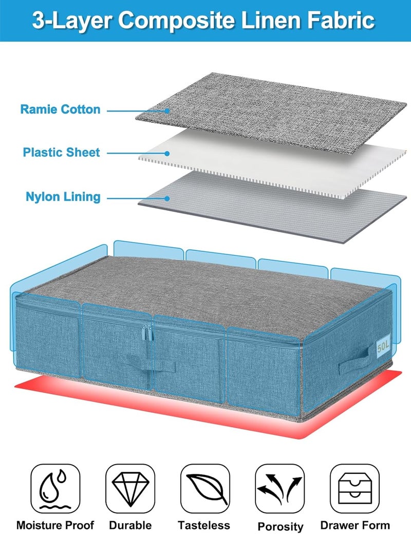 JUPELI Underbed Storage, 2 Pack Large Under Bed Storage Box with Lid, Foldable Sturdy Under Bed Clothes Storage Drawer Organiser W/ 3 Handles, Ultra Thick Fabric Under Bed Storage Bag with Zip, 76x38x17cm - Image 2