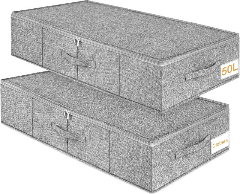 JUPELI Underbed Storage, 2 Pack Large Under Bed Storage Box with Lid, Foldable Sturdy Under Bed Clothes Storage Drawer Organiser W/ 3 Handles, Ultra Thick Fabric Under Bed Storage Bag with Zip, 76x38x17cm - Image 1