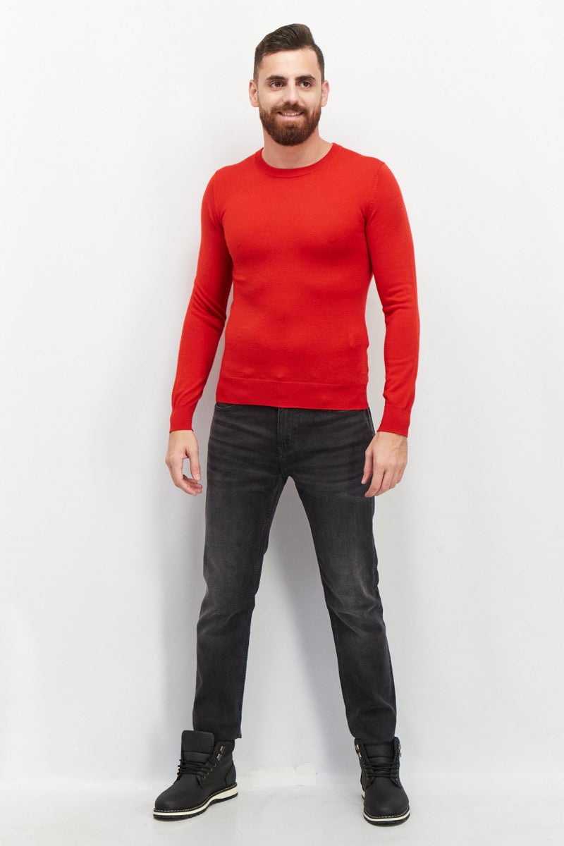 Celio Men Crew Neck Plain Sweater, Red - Image 3
