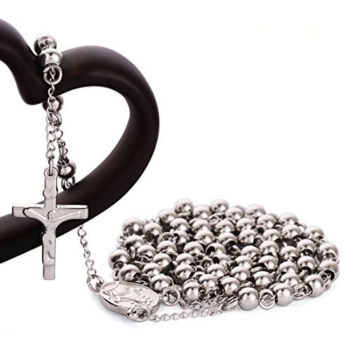 COTTVOTT Stainless Steel 6mm Beads Rosary Catholic Necklace Holy Medal & Crucifix 32inch(Steel) - Image 4