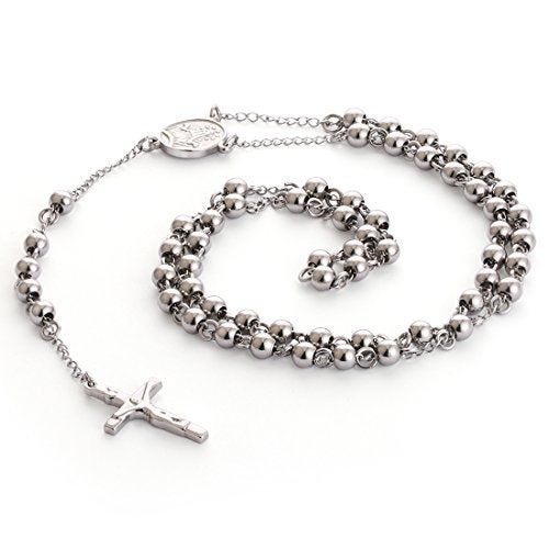 COTTVOTT Stainless Steel 6mm Beads Rosary Catholic Necklace Holy Medal & Crucifix 32inch(Steel) - Image 1