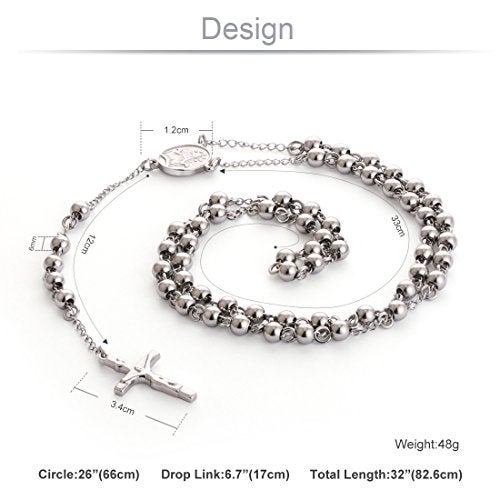 COTTVOTT Stainless Steel 6mm Beads Rosary Catholic Necklace Holy Medal & Crucifix 32inch(Steel) - Image 2