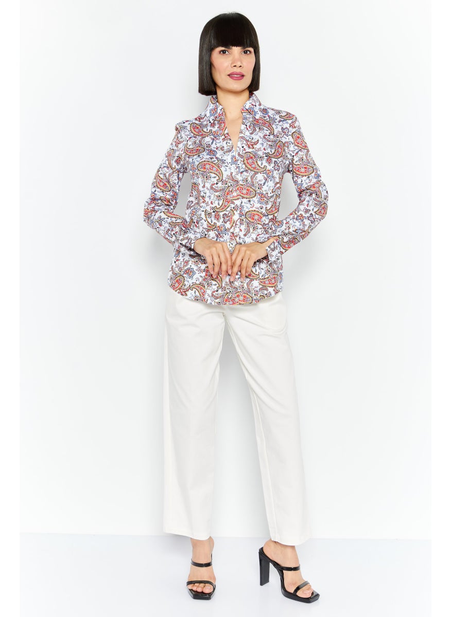 Jones New York - Women Spread Collar Long Sleeve Paisley Print Shirts, White Combo - Image 1