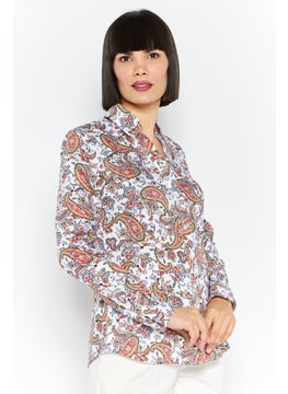 Women Spread Collar Long Sleeve Paisley Print Shirts, White Combo