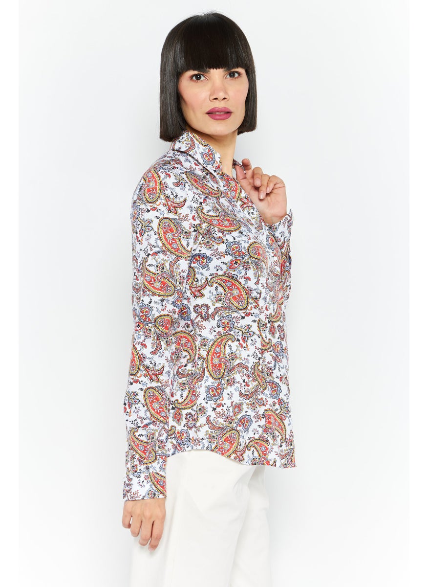 Jones New York - Women Spread Collar Long Sleeve Paisley Print Shirts, White Combo - Image 1