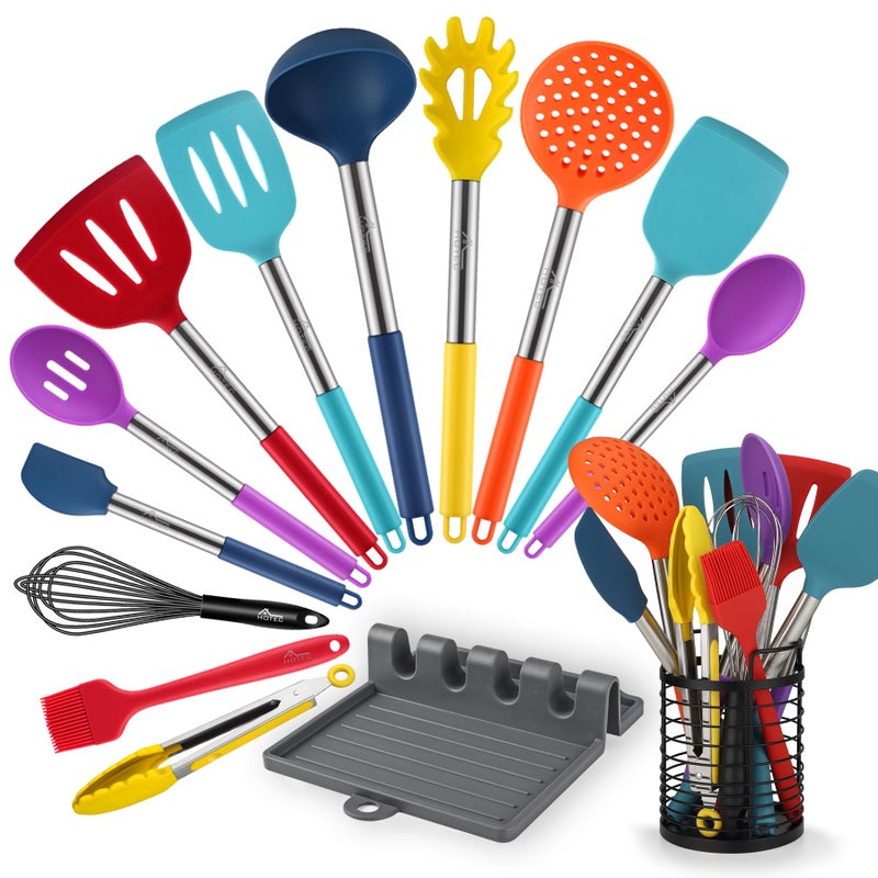 HOTEC 446Â°F Heat Resistant Silicone Kitchen Utensils, Cooking Utensil Set, Spatula Set, BPA Free, Kitchen Gadgets, Utensils Holder, Dishwasher Safe, 14pcs Multicolor - Image 1