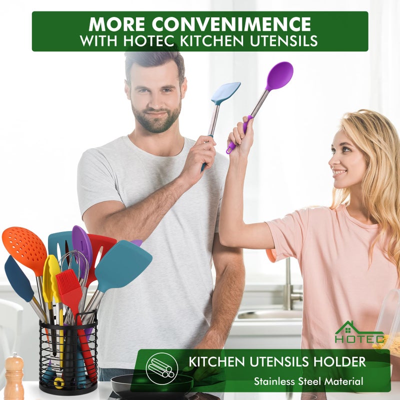 HOTEC 446Â°F Heat Resistant Silicone Kitchen Utensils, Cooking Utensil Set, Spatula Set, BPA Free, Kitchen Gadgets, Utensils Holder, Dishwasher Safe, 14pcs Multicolor - Image 2