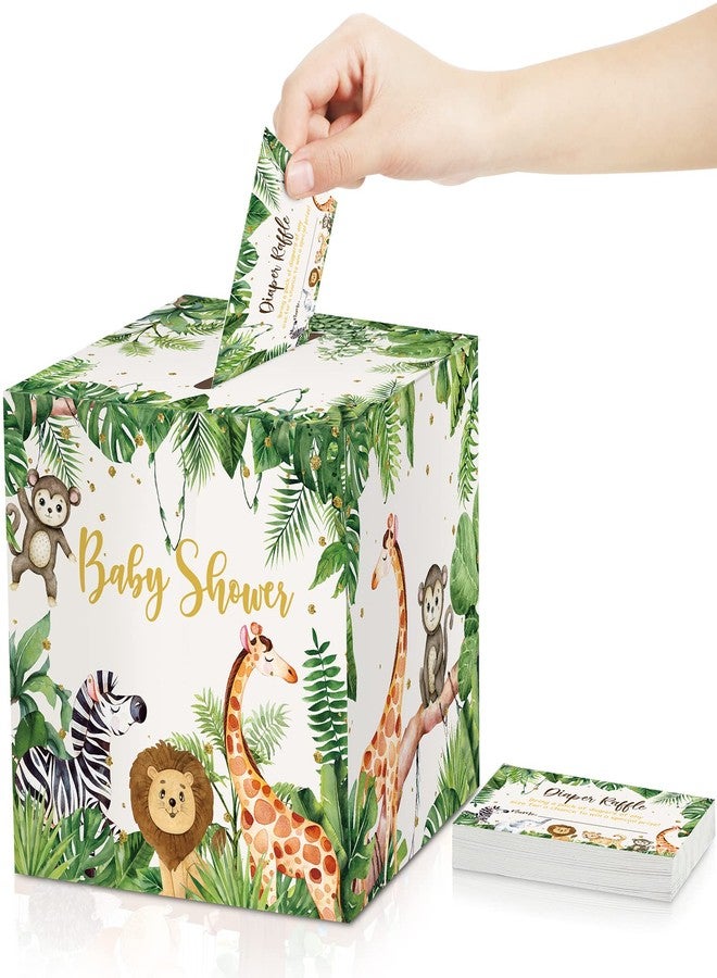 Marspark 51 Pieces Woodland Baby Shower Card Box and Advice Cards, Diaper Raffle Game Box Tickets, Animals Safari Creatures Party Decorations for Baby Shower, Birthday, Gender Reveal (Jungle Animal Theme) - Image 1