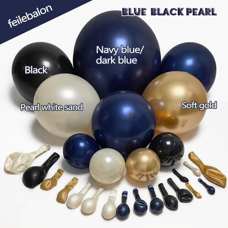 feilebalon قوس بالون أزرق بحري وأسود - مزين باللؤلؤ الأبيض المزدوج، مجموعة زينة بالون باللون الأزرق الداكن والذهبي لحفلات عيد الميلاد 2026، التخرج، الرجال، الذكرى السنوية، حفلات التخرج، حفلات الزفاف - Image 3