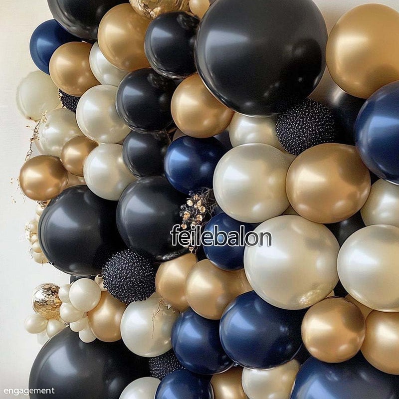 feilebalon قوس بالون أزرق بحري وأسود - مزين باللؤلؤ الأبيض المزدوج، مجموعة زينة بالون باللون الأزرق الداكن والذهبي لحفلات عيد الميلاد 2026، التخرج، الرجال، الذكرى السنوية، حفلات التخرج، حفلات الزفاف - Image 2
