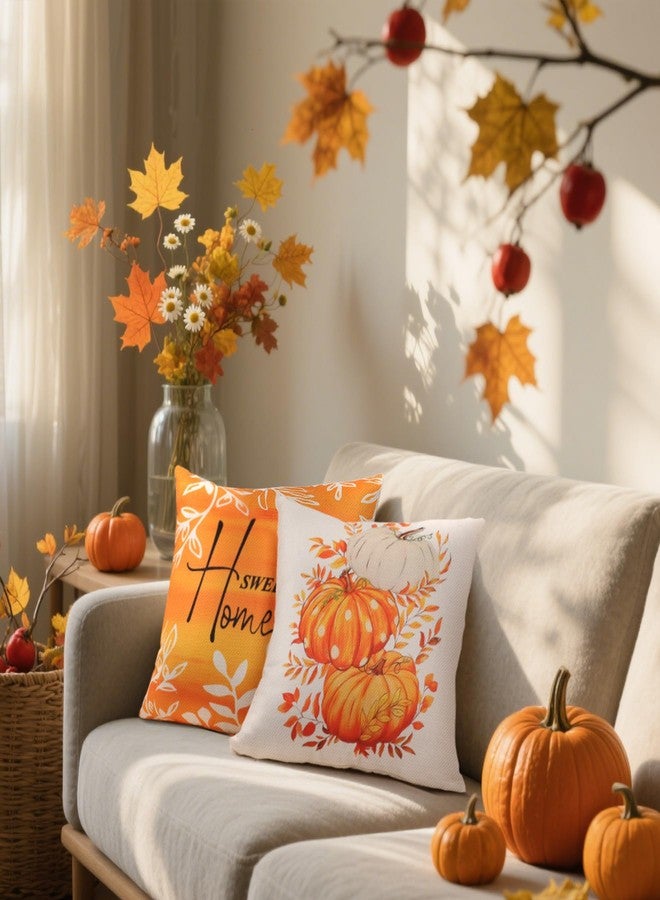 Hongsome Fall Decorations for Home-Throw Pillow Covers 18x18in Set of 4,Pumpkin Linen Pillow Case for Thanksgiving Couch Autumn Holiday Outdoor Burnt Orange White Decor - Image 4
