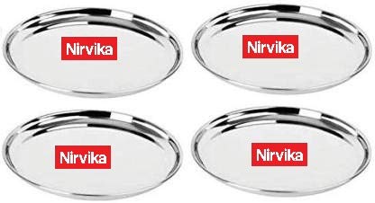 Nirvika Stainless Steel 4pc Thali Plate(13 inch) Kitchenware Set Ideal for Home, Restaurants and Family Use, Silver - Image 1