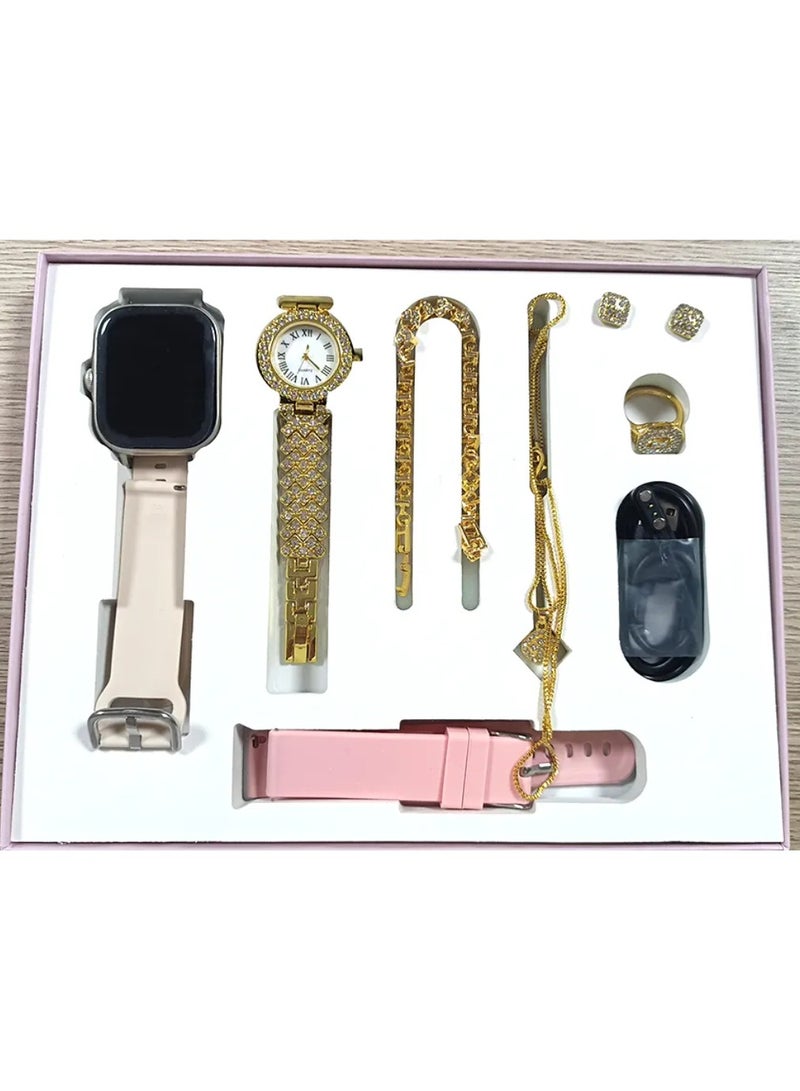 6 IN1 Smart Watch A58 Series Supports Bluetooth Call Ultra Long Endurance Sleep Monitoring + Additional Women's Diamond Set Small Gold Watch Necklace Ring Earrings Bracelet Set Gift Box  - Image 1