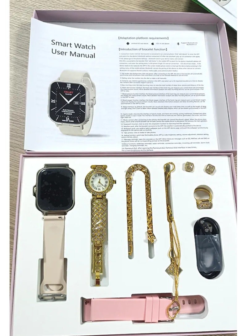 6 IN1 Smart Watch A58 Series Supports Bluetooth Call Ultra Long Endurance Sleep Monitoring + Additional Women's Diamond Set Small Gold Watch Necklace Ring Earrings Bracelet Set Gift Box  - Image 2