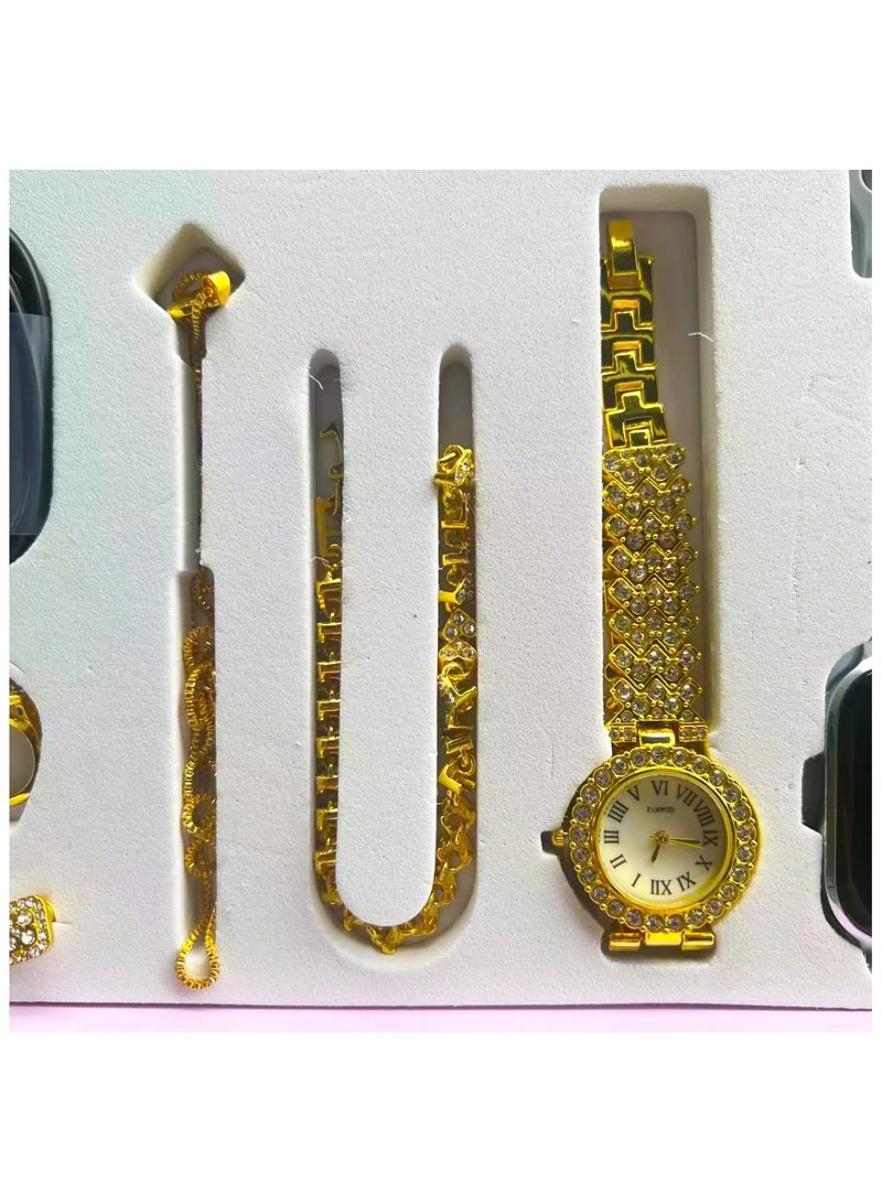 6 IN1 Smart Watch A58 Series Supports Bluetooth Call Ultra Long Endurance Sleep Monitoring + Additional Women's Diamond Set Small Gold Watch Necklace Ring Earrings Bracelet Set Gift Box  - Image 3