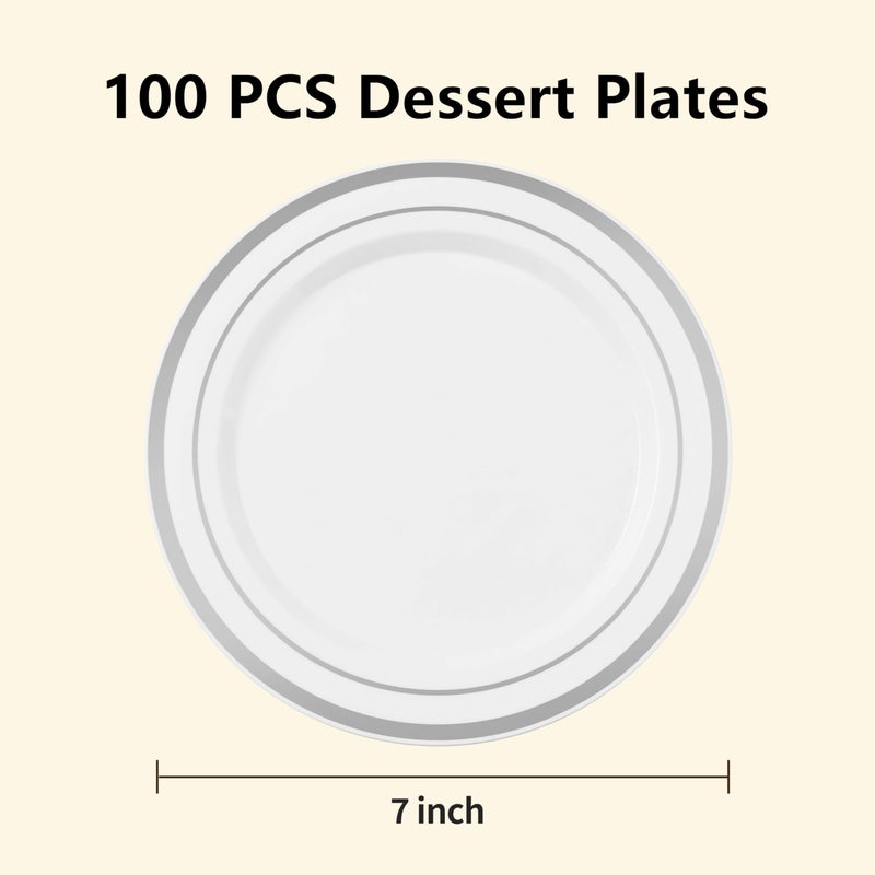 BESTSTAR 100PCS White Plastic Plates for Party  7 Inch Heavy Duty Dinner Plates with Silver Rim  Disposable Plates for Wedding and Birthday - Image 2