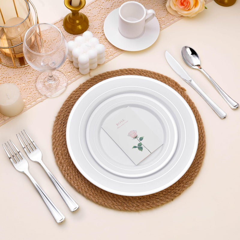 BESTSTAR 100PCS White Plastic Plates for Party  7 Inch Heavy Duty Dinner Plates with Silver Rim  Disposable Plates for Wedding and Birthday - Image 3