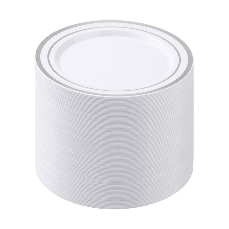 BESTSTAR 100PCS White Plastic Plates for Party  7 Inch Heavy Duty Dinner Plates with Silver Rim  Disposable Plates for Wedding and Birthday - Image 1