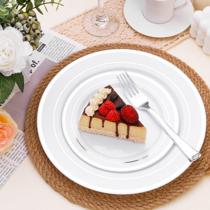 BESTSTAR 100PCS White Plastic Plates for Party  7 Inch Heavy Duty Dinner Plates with Silver Rim  Disposable Plates for Wedding and Birthday - Image 4