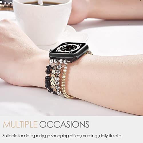 MOFREE Beaded Bracelet Compatible with Apple Watch Band 38mm/40mm/41mm/42mm, Fashion Elastic Stretch Women Bands for iWatch Series 11/10/9/8/7/SE/6/5/4/3/2/1 iPhone Watch Strap Bands (Black/Gray/Gold) - Image 4